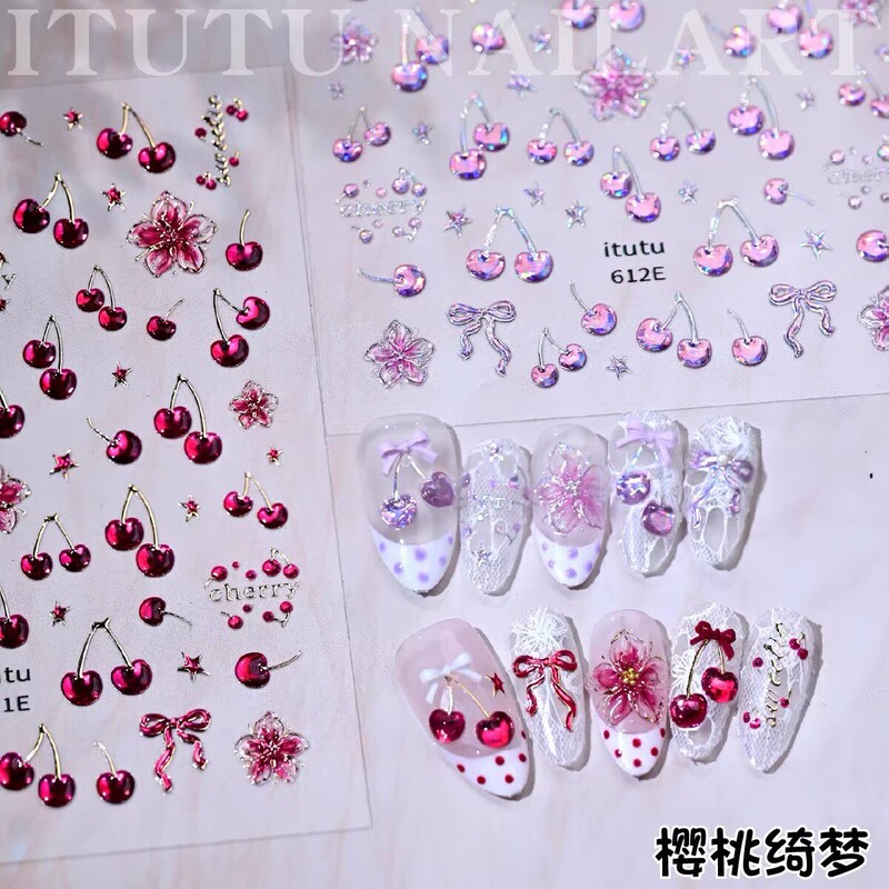 Sweetheart Metallic Colorful Retro Cherry Bow Nail Art 3D Cute Cherry Crystal Flower Nail Stickers Sweetheart Metallic Colorful Retro Cherry Bow Nail Art 3D Cute Cherry Crystal Flower Nail Stickers