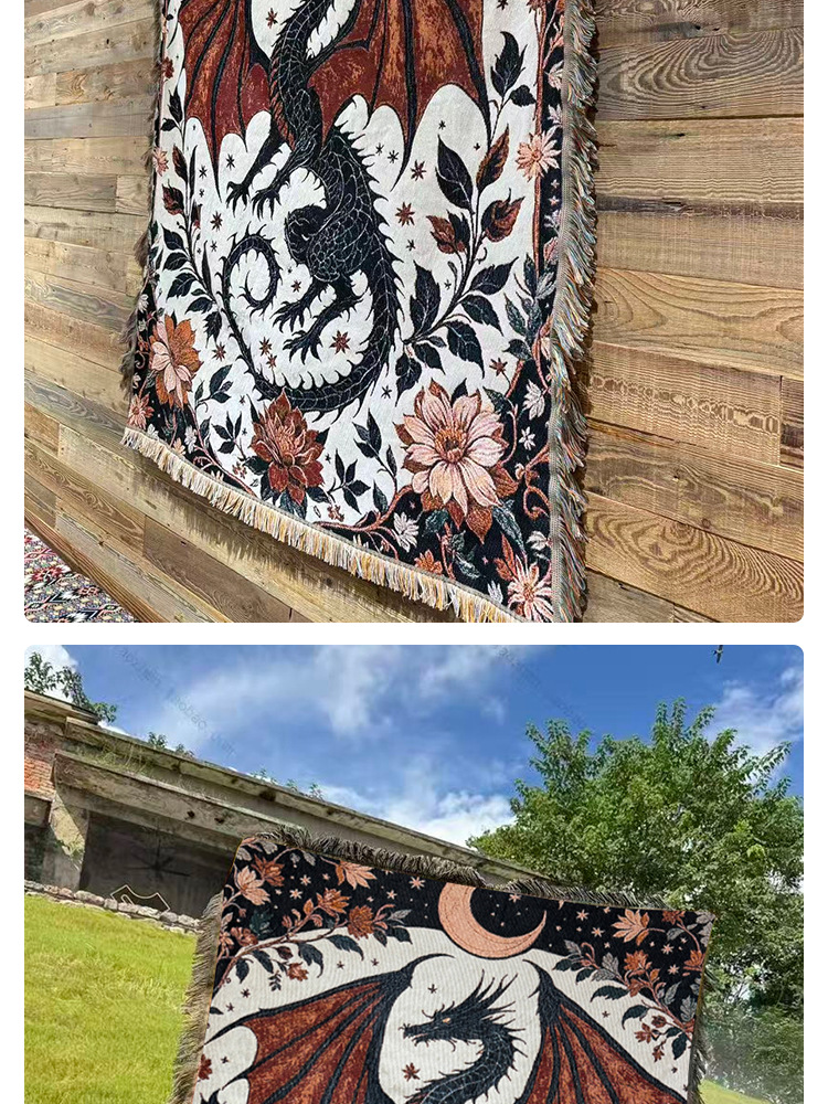 Copridivano in tessuto con nappa di drago in stile medievale Qin Che, coperta funzionale in jacquard da campeggio_voghion.com