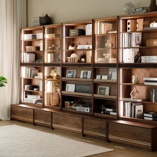 Study Solid Wood Combination Bookcase Living Room Black Walnut Wall-To-Wall Display Cabinet Glass Dust-Proof Floor-To-Ceiling Deck Locker