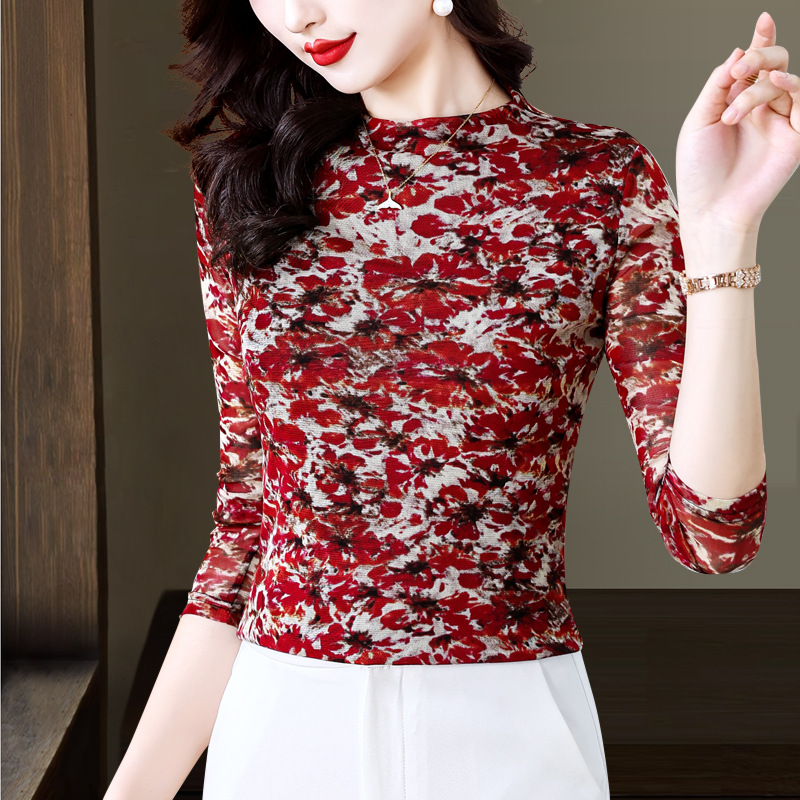 in stock 2024 Autumn New Long Sleeve Backing Shirt Printed Styish Pullover Top Elegant Slim Inner Small Shirt for Women