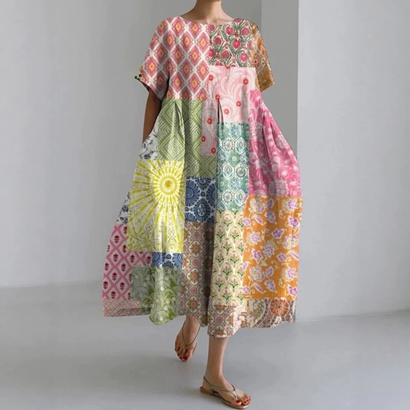 Cross-Border Independent Website Women's Lotus Leaf Print Summer Vacation Dress Women's Short-Sleeved Loose-Fitting Beach Vacation Wear