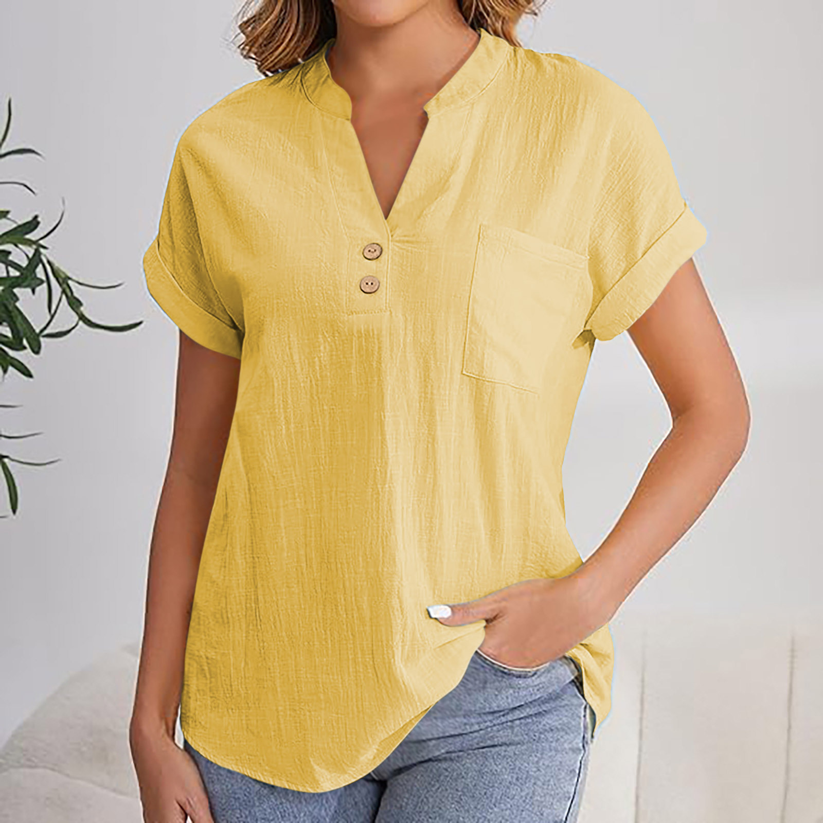 2025 European American Summer Solid Color Buttoned Short-sleeve Women's Shirt, Cotton-linen, Washed, Wrinkled,_ecoleips.com