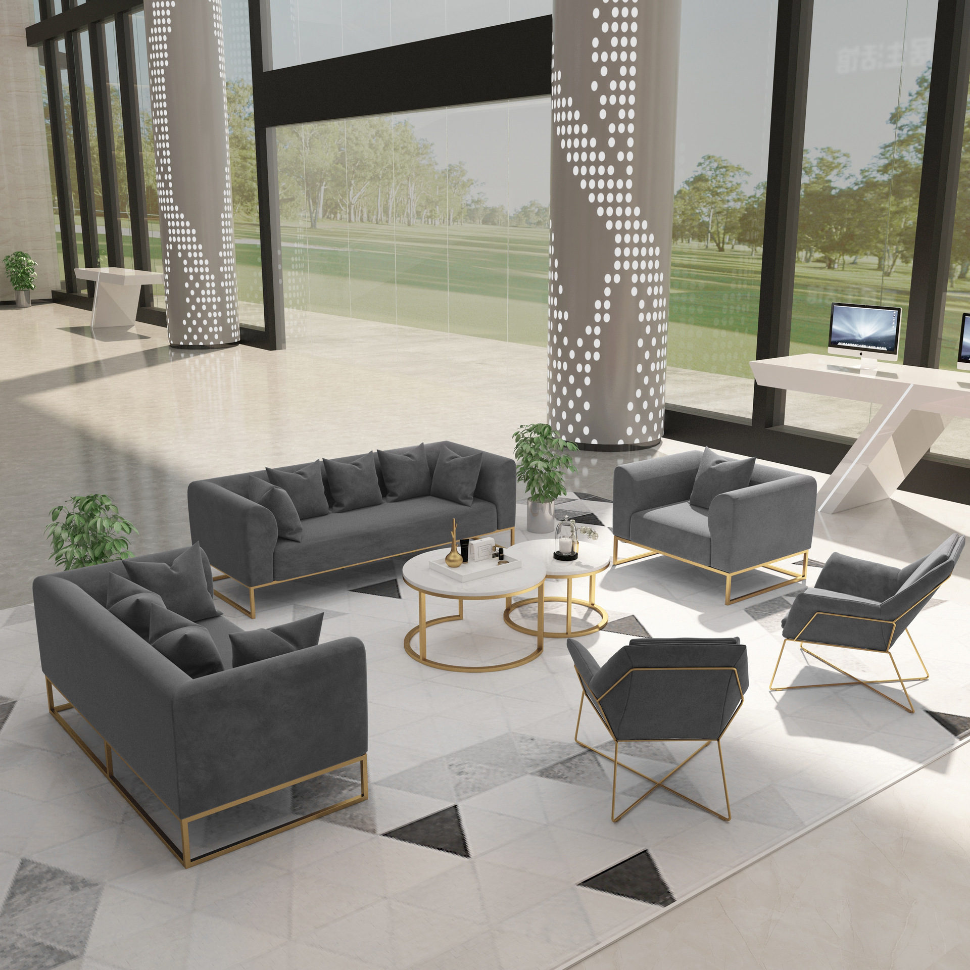 北歐家用布藝懶人沙發桌椅組合 辦公室會客多人位鐵藝休閑沙發椅