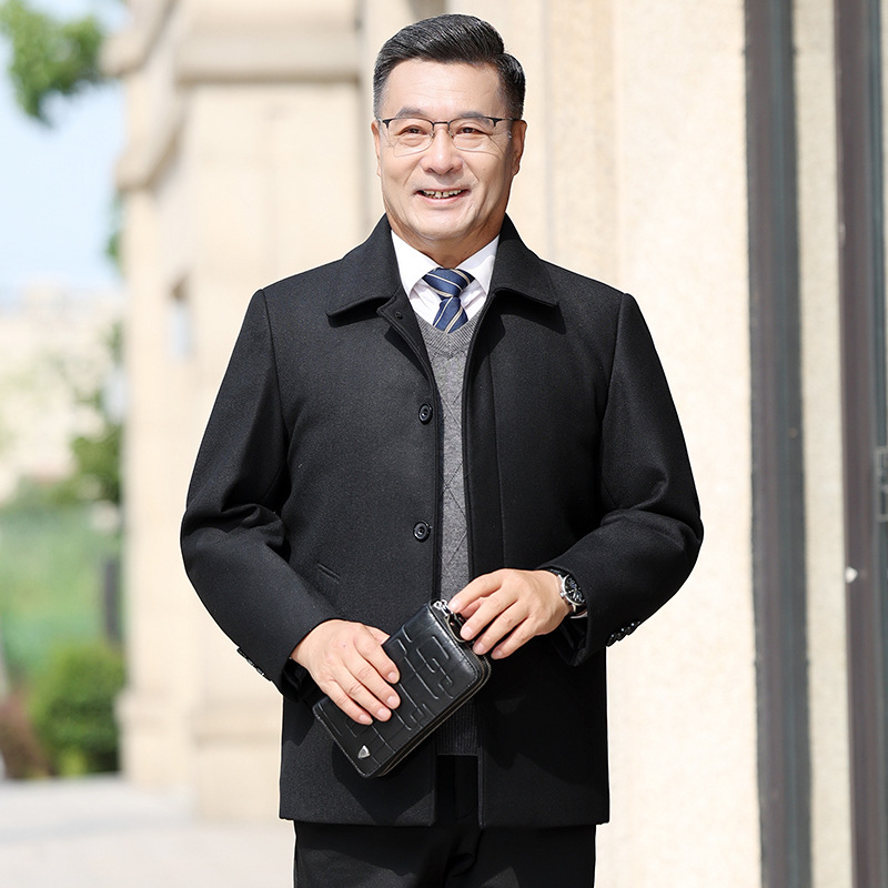 남성용 봄과 겨울 양모 코트 남성용 울 코트 중년 및 노인 방풍과 따뜻함을 기모 간단한 다크 랩