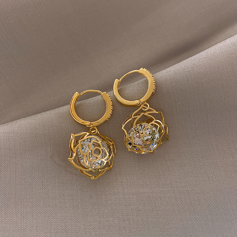 镀真金镂空锆石玫瑰花耳环女韩国气质耳饰2021年新款潮个性耳