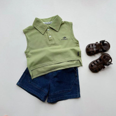 兒童背心2023夏季新款寶寶字母坎肩翻領Polo衫嬰兒無袖衫夏裝上衣