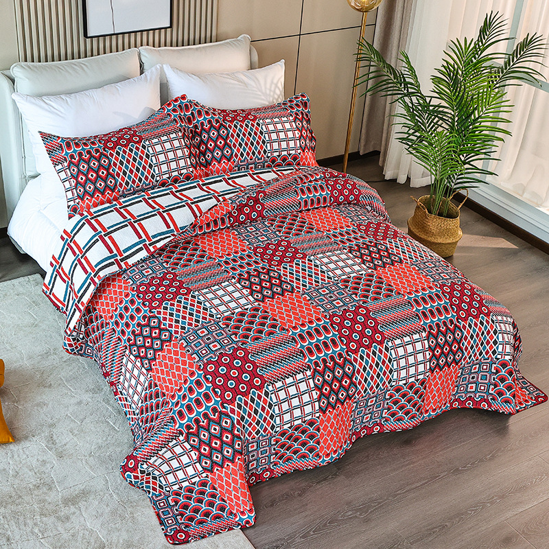 Home bed cover three-piece cotton quilted cover pillow bed three-piece Chinese printed home summer cool air conditioning quilt