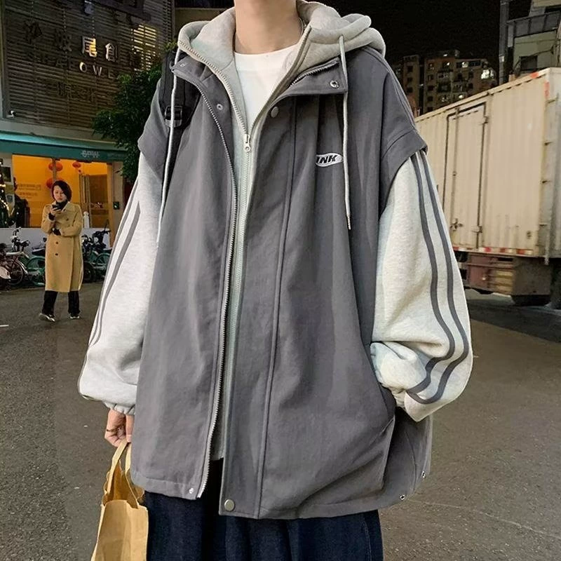 Поддельные две полосатые куртки с капюшоном для мужчин прилив