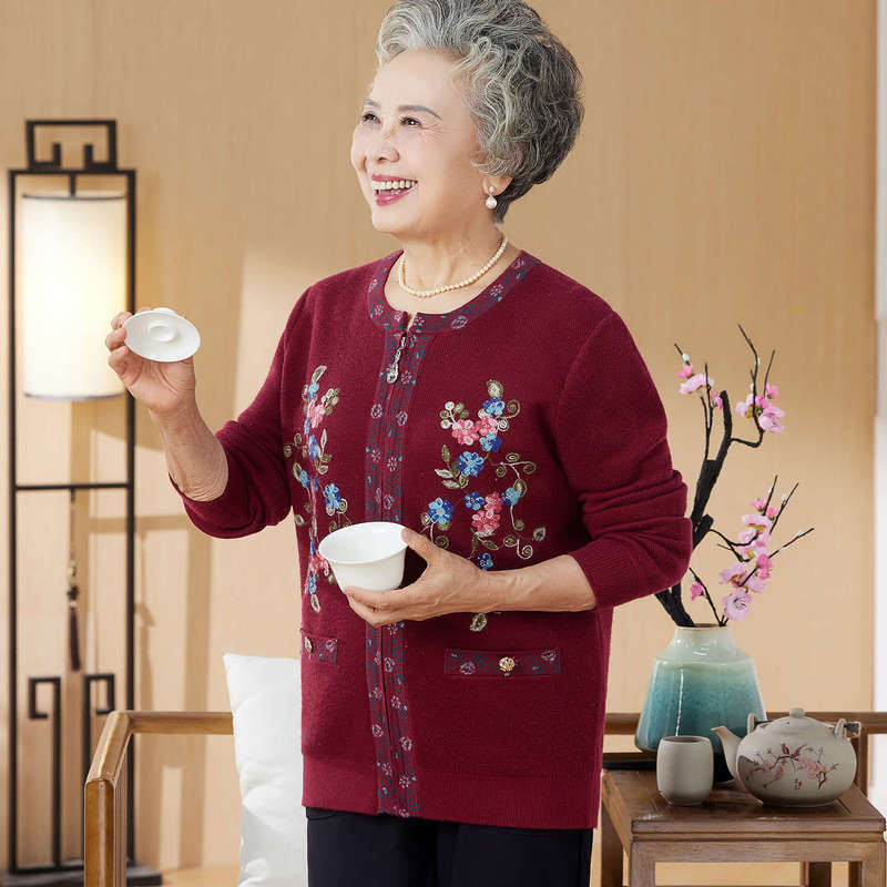 奶奶秋装针织衫中老年人女装开衫外套妈妈毛衣老太太春秋衣服新款|undefined