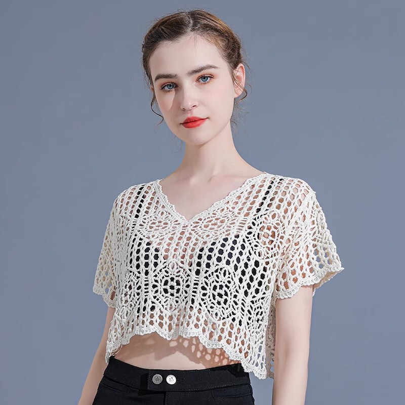 Cotton Crochet Hollow Pullover Blouse Women's Summer Short Top 2024 New Loose Short Sleeve Lace Shirt Cotton Crochet Hollow Pullover Blouse Women's Summer Short Top 2024 New Loose Short Sleeve Lace Shirt
