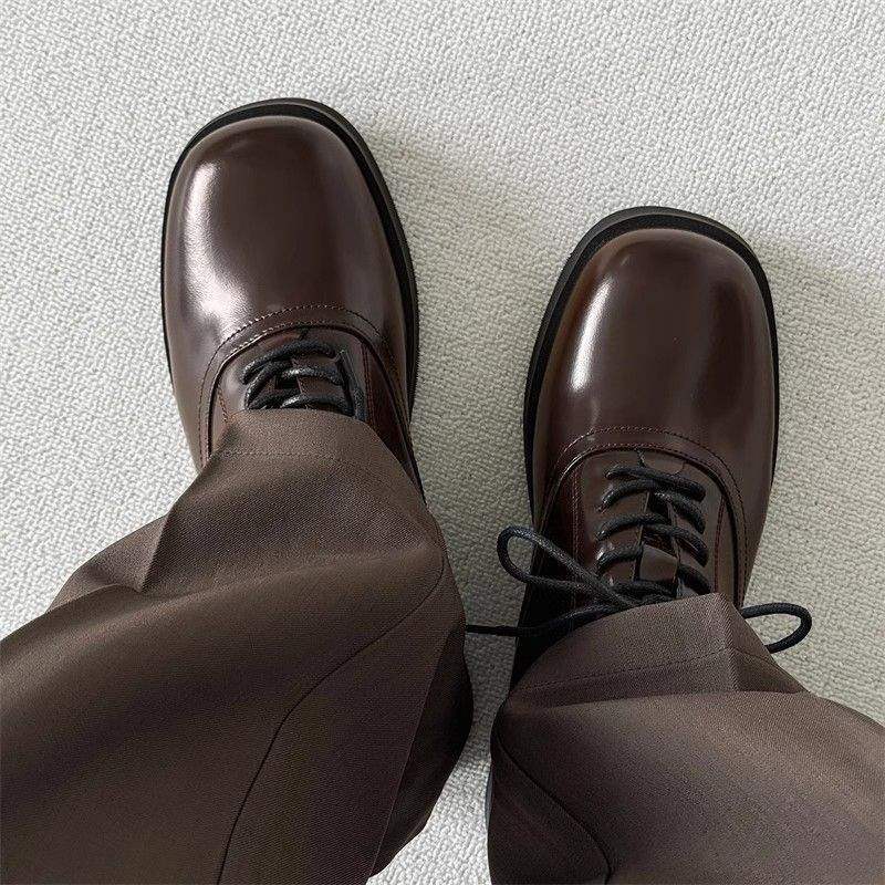 ShoeVault Square Toe Derby Leather Shoes For Men And Women, Business Formal Wear, Height Increasing, Wedding Brown Groom Style_voghion.com