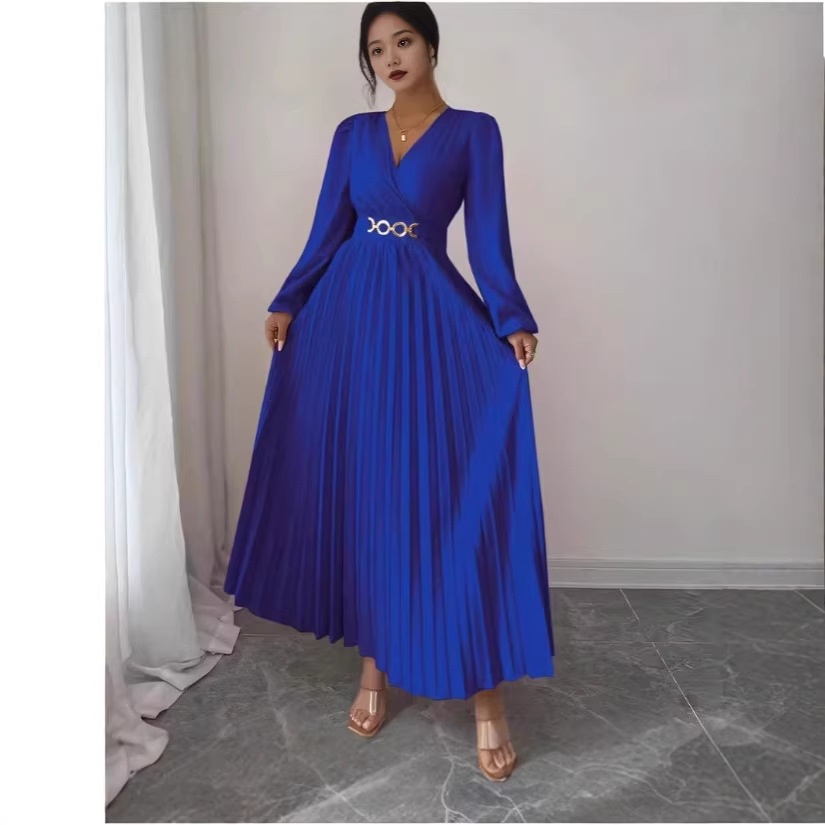 2026 Cross-Border Hot-Selling V-Neck Dress for All Seasons, European and American Style Long-Sleeve Long Dress, V-Neck with Metal Accessories, Fashionable and Elegant