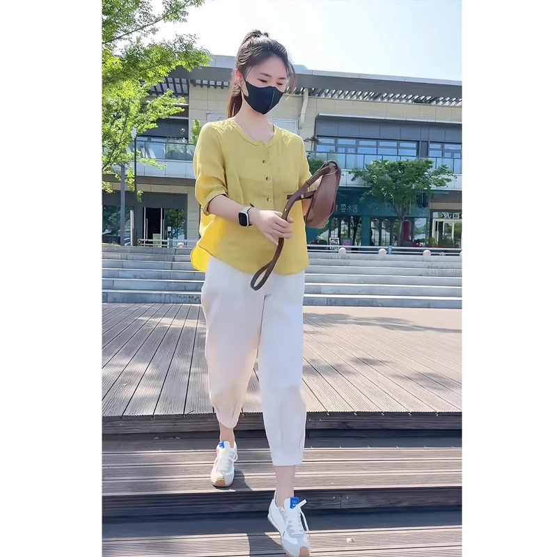 2025初夏搭配一整套韩系慵懒宽松显瘦圆领衬衫九分休闲裤两件套女|undefined