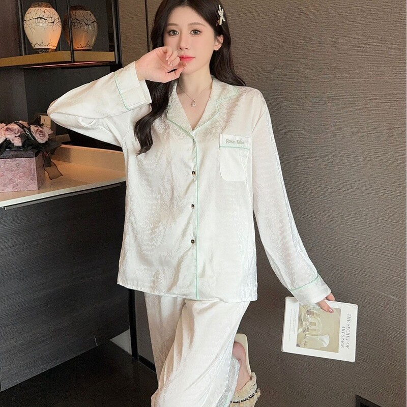 Ice Silk Spring Pajamas for Women, Cardigan, Long Sleeves, Long Pants, Imitation Loungewear, Summer and Autumn Fabric, Luxurious, Noble, Light Luxury