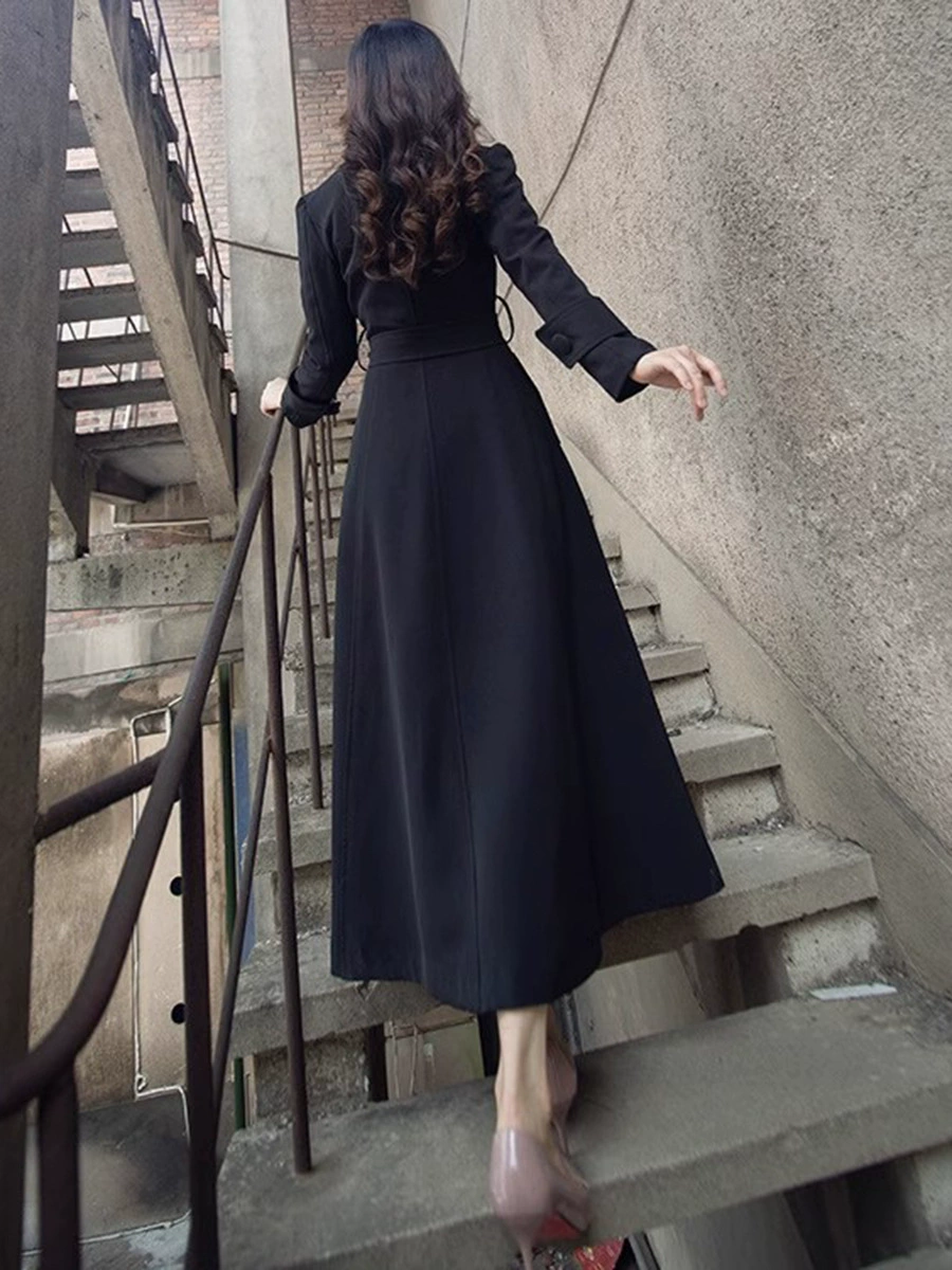 Осеннее удлиненное пальто-тренч, длинная подтяжка, slim fit, большой размер