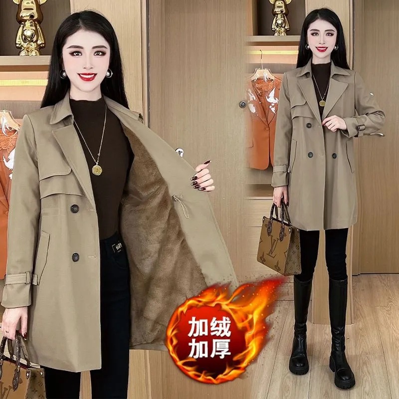 跨境2026加绒加厚风衣外套女新款时尚收腰中长款显瘦保暖气质大衣