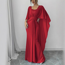 法式新款复古宫廷风方领蝙蝠袖收腰红色长裙晚宴舞会礼服连衣裙