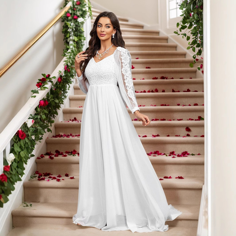 European and American Amazon Cross-Border Foreign Trade Lace Long-Sleeved Long Skirt Dress Lace Banquet Wedding Dress European and American Amazon Cross-Border Foreign Trade Lace Long-Sleeved Long Skirt Dress Lace Banquet Wedding Dress