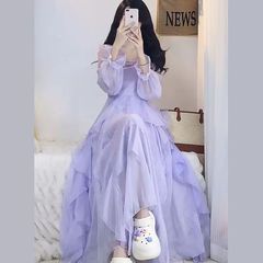 法式在逃公主晕染紫色气质荷叶连衣裙新款春夏季蝴蝶仙女显瘦长裙