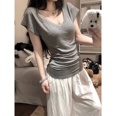 灰色V领垂感收腰正肩短袖T恤女夏季松弛感慵懒风基础修身显瘦上衣