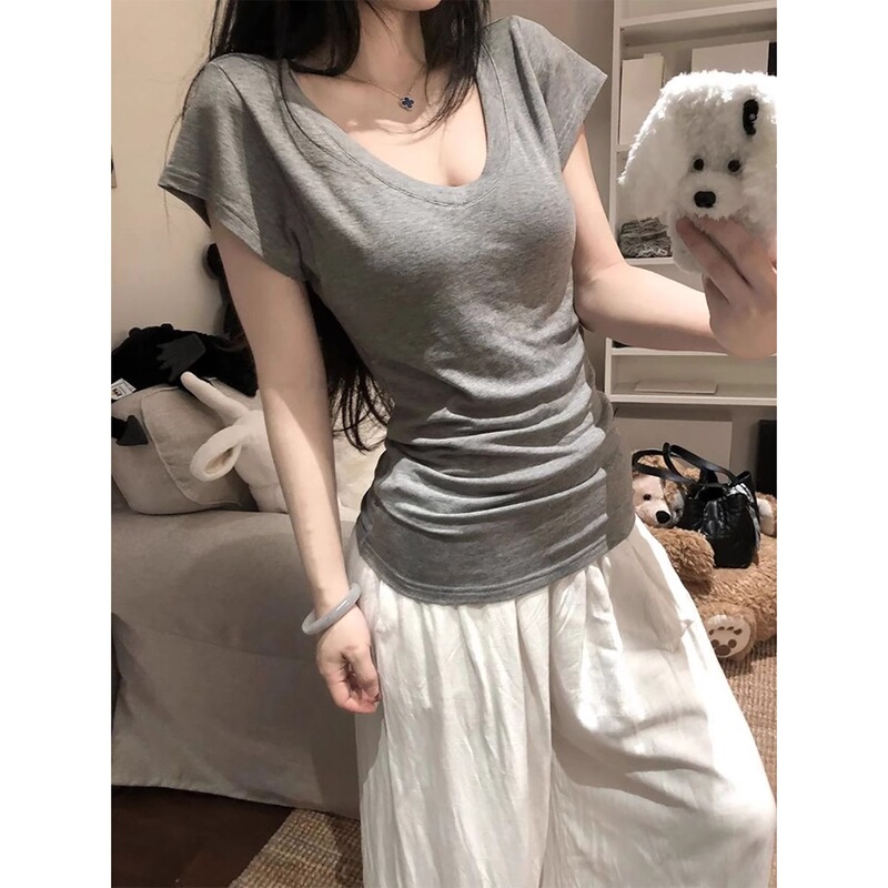 灰色V领垂感收腰正肩短袖T恤女夏季松弛感慵懒风基础修身显瘦上衣|undefined