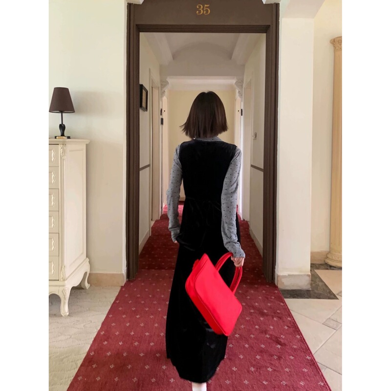 甜辣蕾丝拼接背心连衣裙套装2025女秋半高领波点恤辣妹收腰裙子|undefined