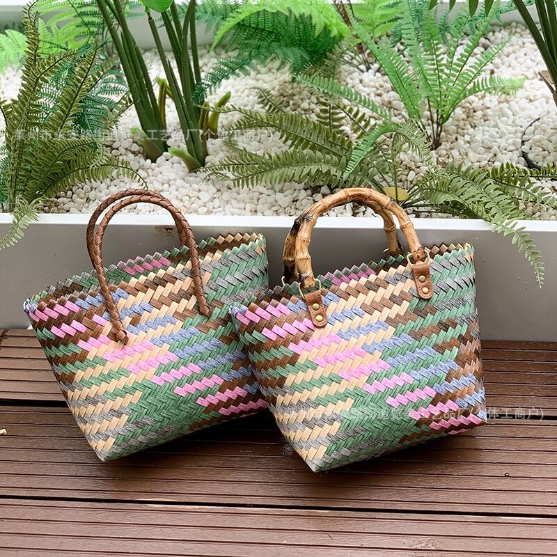 Six-Colorful Woven Bag 2025 Retro Straw Colorful Handbag Large Capacity Tote Bag Souvenir Vegetable Basket