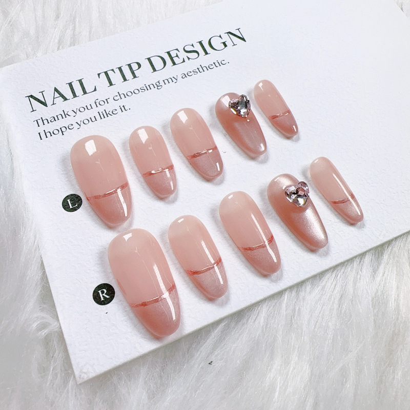 Nude French-Style Cat-Eye Gold-Plated Elegant Rose Gold Delicate Heart-Shaped Cat-Eye Press-On Nails Pure Handmade Nail Art Nail Pieces