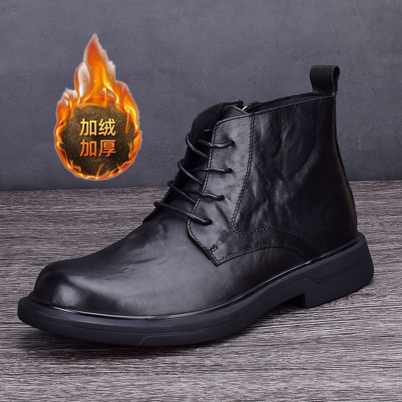 Boots Men's New Winter Leather Boots Round Toe Black High-Top Fleece-Lined Thickeneded Trendy Waterproof Workwear Cotton Shoes for Men