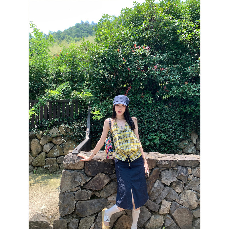 Ouyang Plaid Halterneck Sleeveless Shirt for Women Summer New Design Niche Sexy Shirt Retro Top