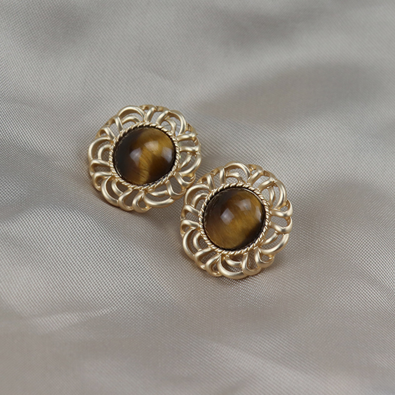 Vintage "The Ball at Versailles" earrings round hollow set pliers tiger eye stone S925 silver needle earrings