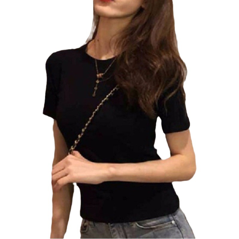 Camiseta de manga corta con cuello redondo y color sólido para mujer, novedad de verano 2025, estilo coreano, ajustada, ropa de mujer al por mayor para exportación