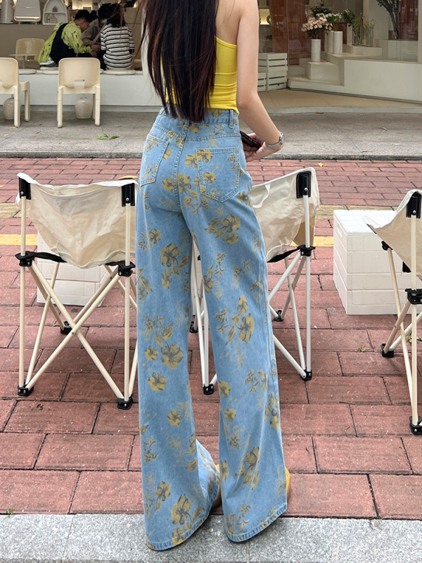 黄碎花扎染牛仔裤女2025秋季超火网红爆款洋气浪漫印花直筒阔腿裤|undefined
