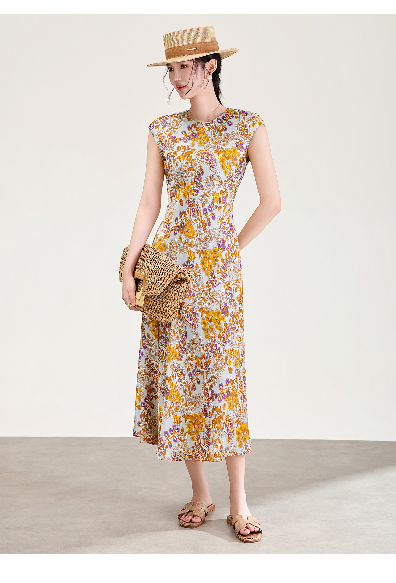 Đầm maxi nữ thắt eo họa tiết hoa vintage phong cách Pháp — màu cam chi tiết 16