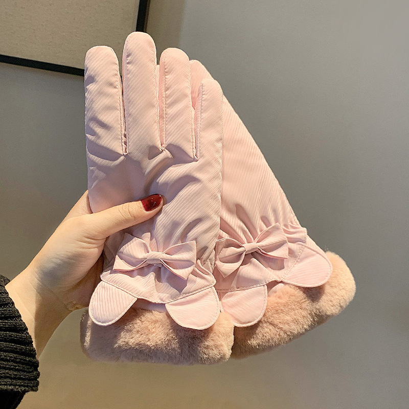 冬季保暖骑行手套防寒防水毛绒触屏手套女加厚加绒可爱加绒蝴蝶结|undefined