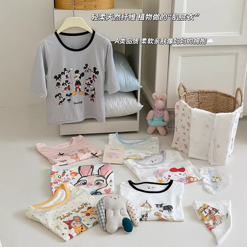Anmeiya Kidsren's Pajamas Summer Air-Conditioned Clothes Anyang Kidsren's Clothing Lyocell Three-Quarter Sleeve Cropped Pants Kidsren's Home Clothes