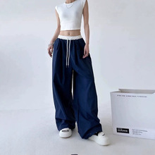 2026春美式复古拼接撞色休闲裤女松弛感高腰宽松垂感拖地阔腿裤