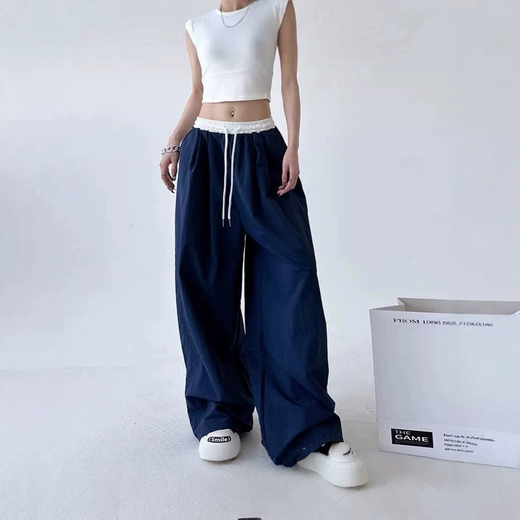 2026春美式复古拼接撞色休闲裤女松弛感高腰宽松垂感拖地阔腿裤