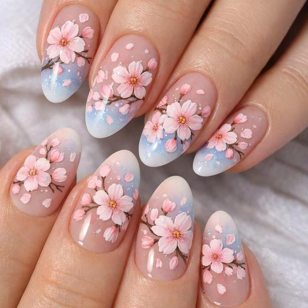 Japón 3D flor de cerezo estereoscópica desgaste de uñas verano hielo transparente azul rosa manicure comercio exterior 30 piezas blanqueamiento manicure falsas lotes mixtos image 1