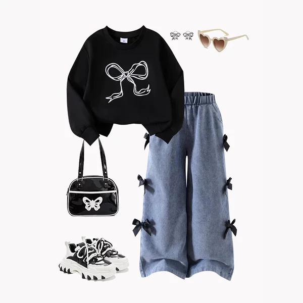 Ins Dark Style European and American Export Bow Printed Long-Sleeved Pullover Sweatshirt + Bow Denim Pants Suit