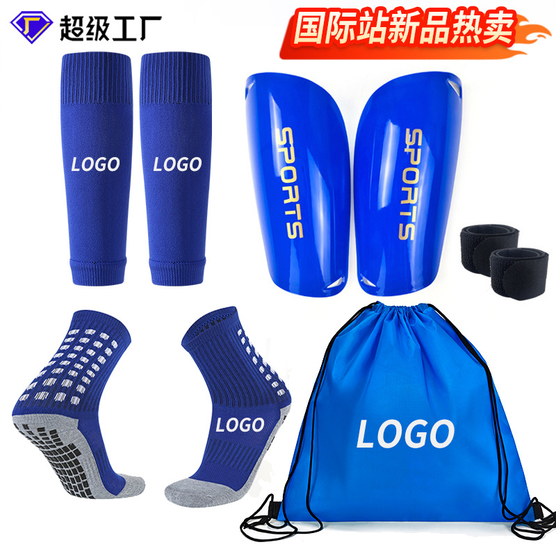 Cross-border foreign trade hot-selling 5-piece set: mid-calf football socks, shin guards, sports protective gear, drawstring backpack straps wholesale