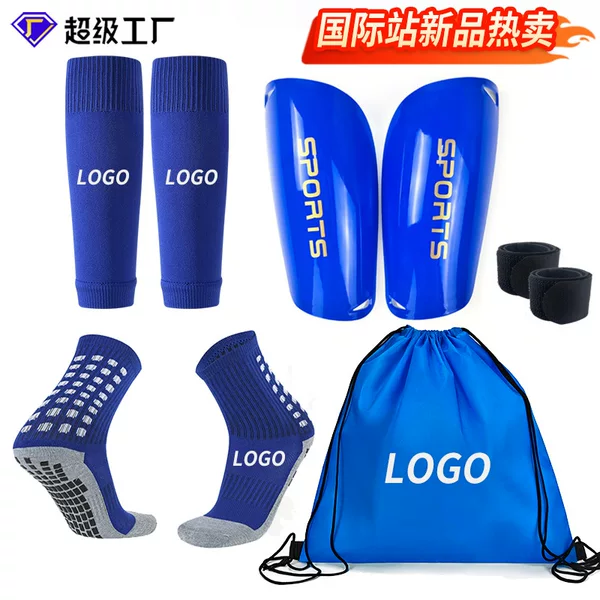 Cross-border foreign trade hot-selling 5-piece set: mid-calf football socks, shin guards, sports protective gear, drawstring backpack straps wholesale