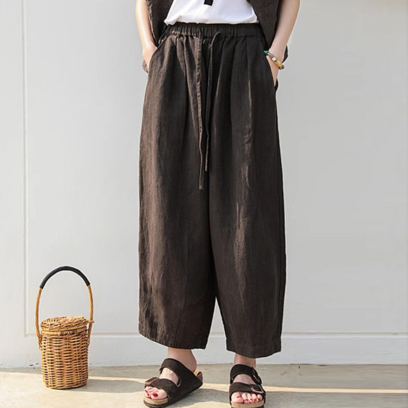 2025 Early Autumn New Linen Twill Denim Sandalwood Brown Artistic Slimming Cropped Carrot Pants