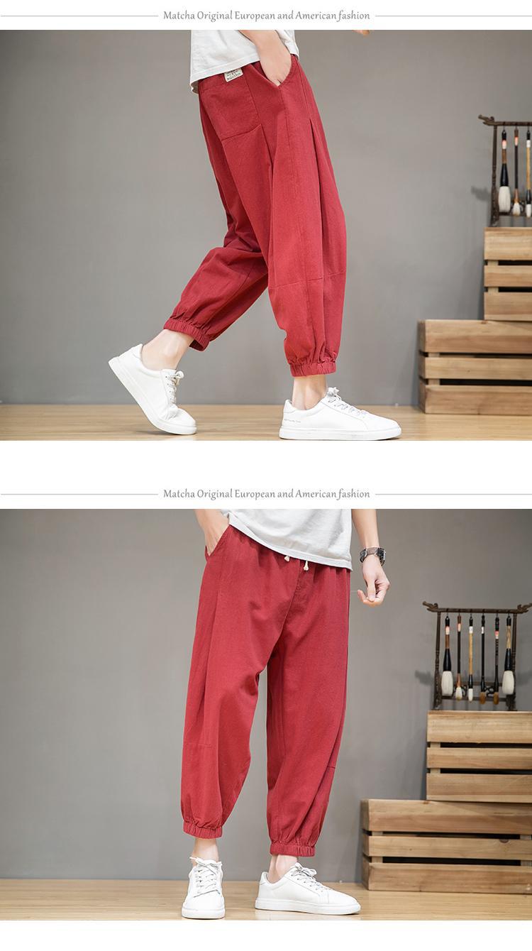 Pantalon lanterne en coton et lin de sport d'été à sept points, pantalon ample à la cheville Haren pour hommes_voghion.com