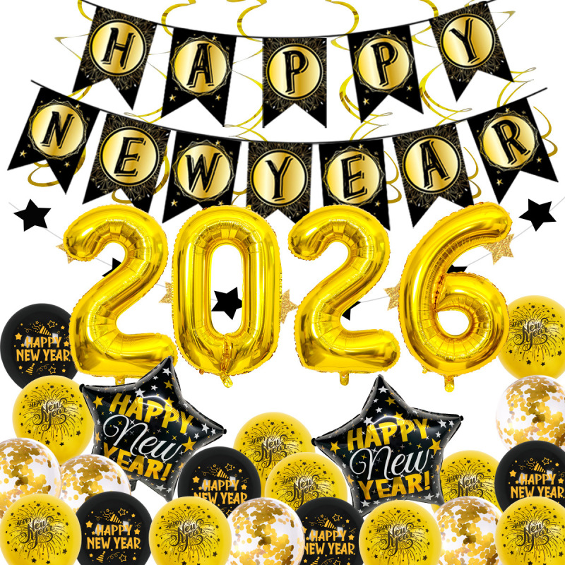新年風船新年旗セットクロスボーダー新年パーティー装飾丸型ラテックス印刷バラ金風船|undefined