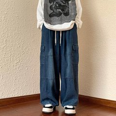 日本のレトロなワイドレッグビッグポケットオーバーオールメンズ春夏新作トレンディブランドインニュートラルルーズストレートジーンズ