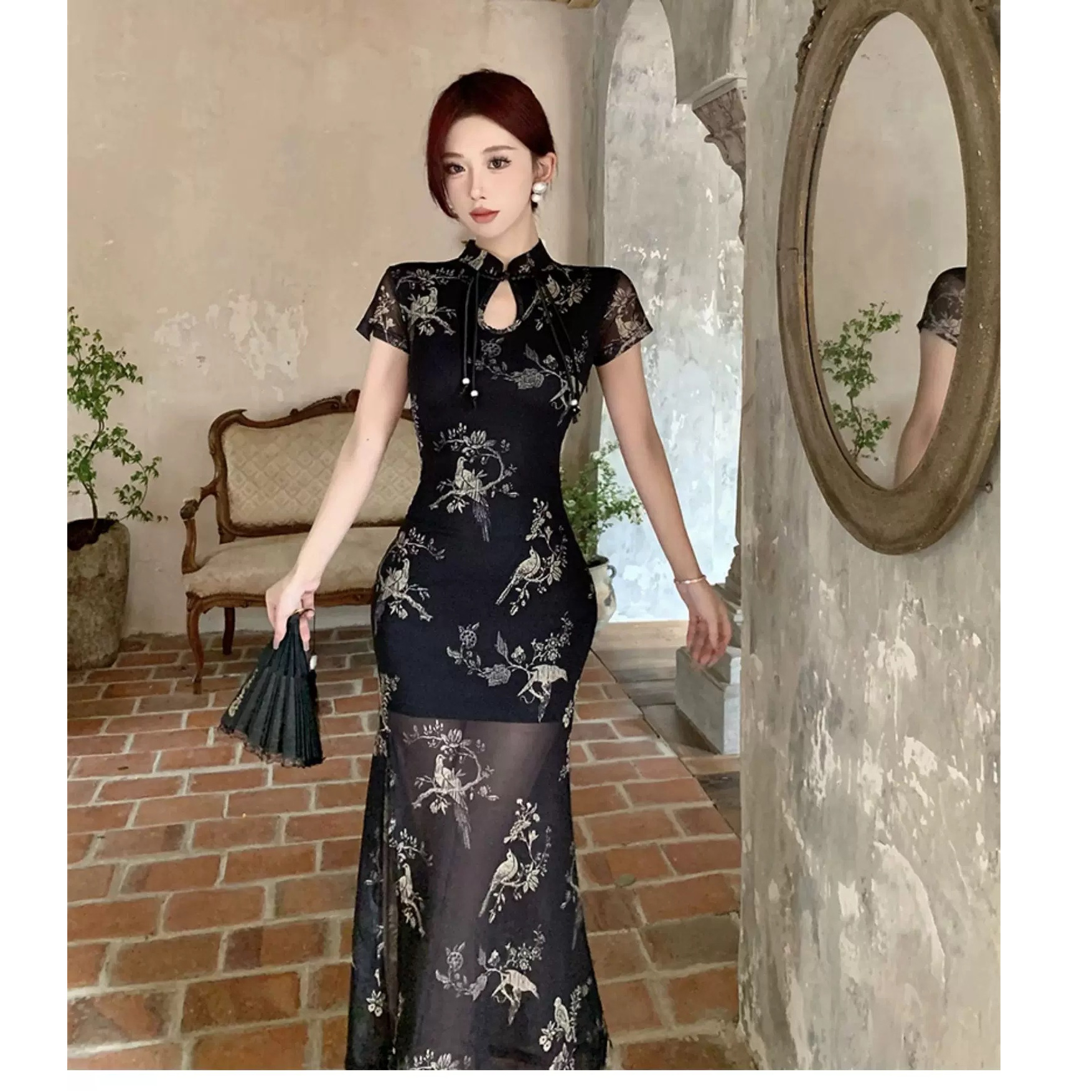 新中式国风改良旗袍连衣裙女装夏季黑色网纱印花紧身包臀长款裙子