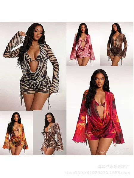 2026 Summer New European and American Style Painted Print Boxer Swimsuit for Women, Mesh Sheer Swimwear, Conservative for Hot Springs