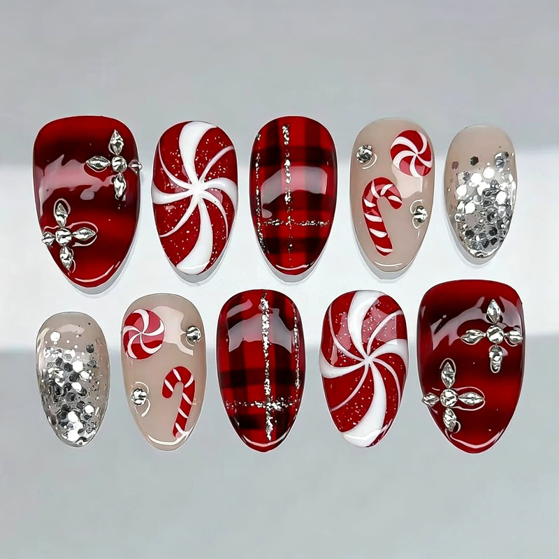 30 pieces of new, exquisite, gold-plated, plaid-patterned almond-shaped nail tips with hand-applied rhinestones and snowflake designs, available for immediate purchase in bulk