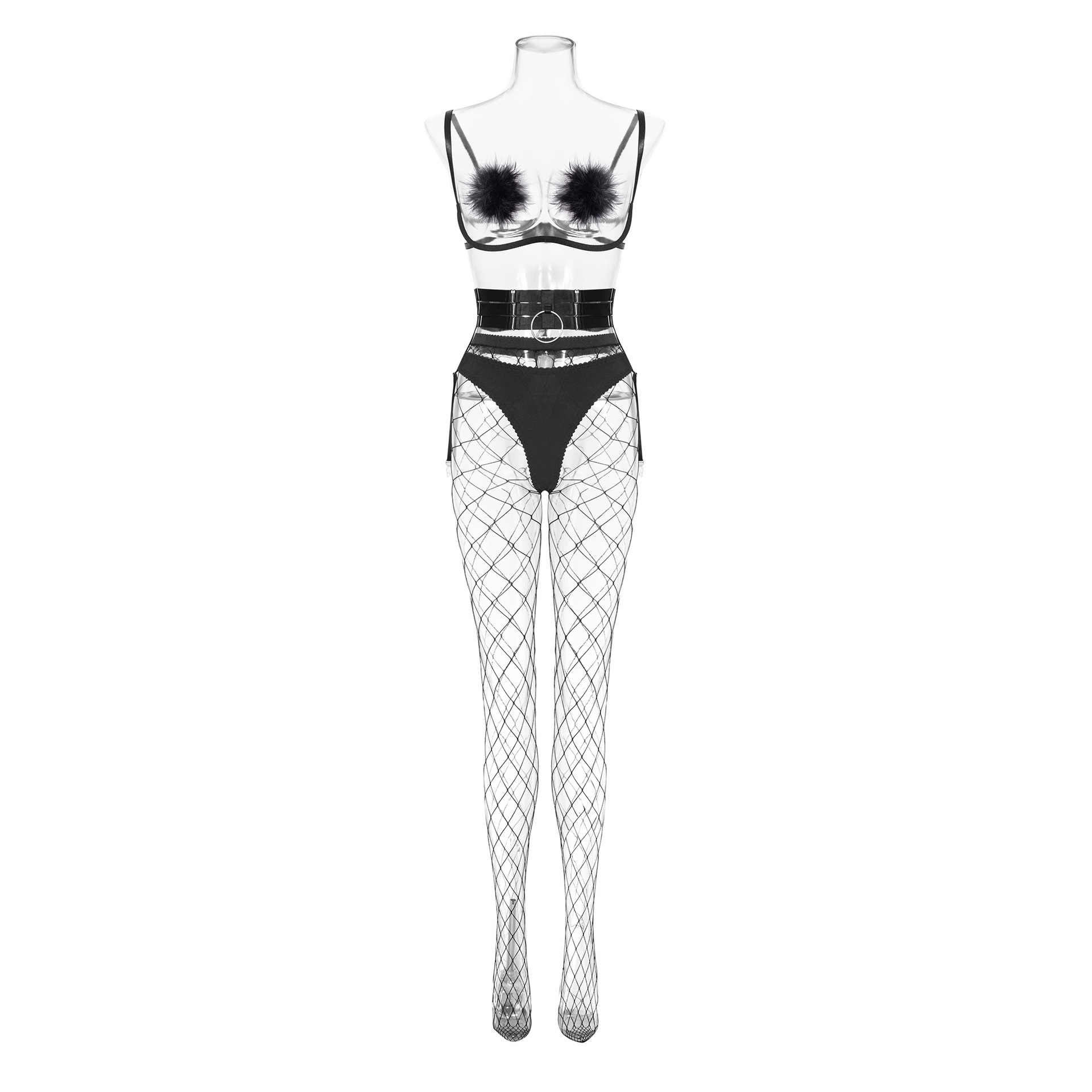 Naughty Pompom Fishnet Lingerie Set